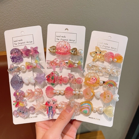 Pinzas para el Cabello Niños Serie Marina Lindos Dibujos Animados Estrella de Mar Concha Sirena Resina Hechos a Mano Accesorios para el Cabello Niñas