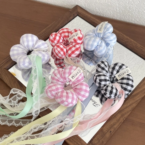 Elastico per Capelli con Fiori a Quadretti per Bambini con Nastri Lunghi e Bordo in Pizzo Accessori per Capelli Ragazze