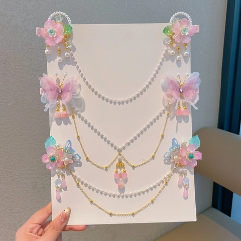 Pinzas para el Cabello de Estilo Chino Antiguo con Borlas de Flores y Mariposas para Niñas Accesorios para Hanfu