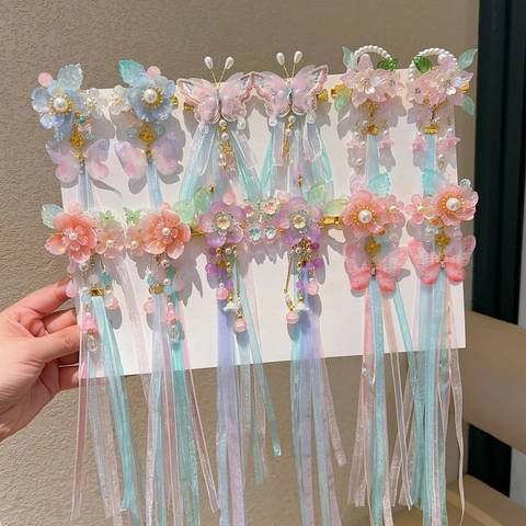 Fermagli per Capelli in Lega di Fiori in Resina Fatti a Mano Con Nastri Lunghi E Perle Artificiali Stile Cinese per Ragazze