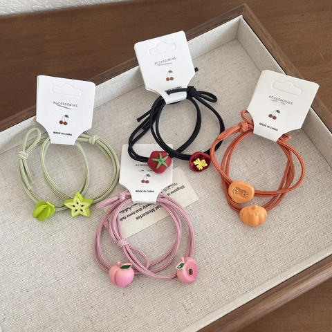 Kids Cute Fruit Elastic Hair Ties Metal Knotted Hair Rings For Girls Sweet Cartoon Fruit Shape Daily Hair Accessories