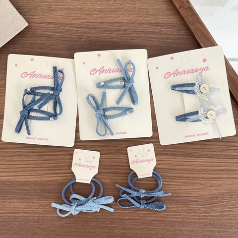 Clips para el Cabello con Lazo de Mezclilla Hechos a Mano para Niñas Estilo Coreano Tela Corazón Margarita Horquillas Azules Accesorios