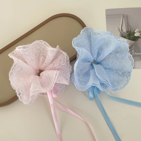 Sweet Lace Flower Scrunchies For Girls Women Balletcore Ribbon Bow Elastic Hair Ties Floral Embroidery Ponytail Holder