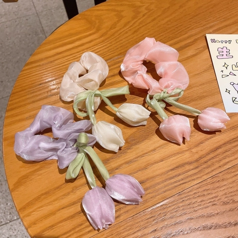 Orecchini a Bottone Donna Bambini Dolce Fiore di Tulipano Scrunchies Elastici per Capelli Con Fiocco in Raso Organza Accessori per Capelli Floreali