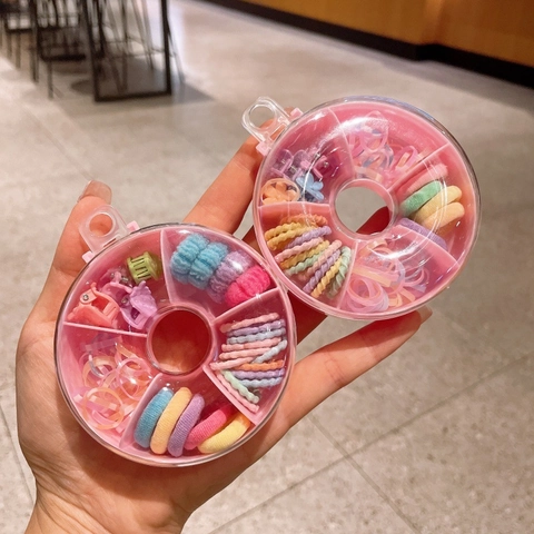 Set di Accessori per Capelli Portatile per Bambini Con Scatola a Ciambella Elastici Colorati Mini Clip per Ragazze
