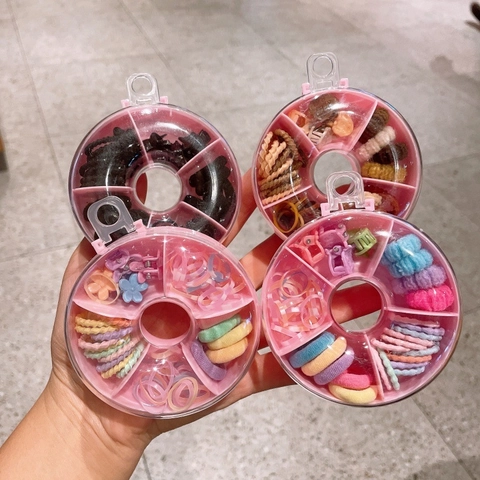 Set di Accessori per Capelli Portatile per Bambini Con Scatola a Ciambella Elastici Colorati Mini Clip per Ragazze