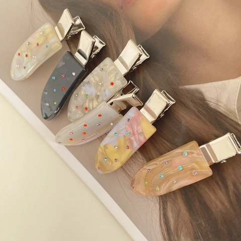 Acetaat Gemarmerde Haarclip Met Gekleurde Strass Elegante Eendenbek Zijclip Voor Dames Mode Haaraccessoires