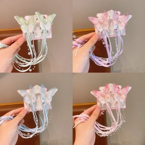 Pinzas para el Cabello de Mariposa Hechas a Mano con Borlas Perla Artificial Horquillas de Cinta Larga Estilo Antiguo