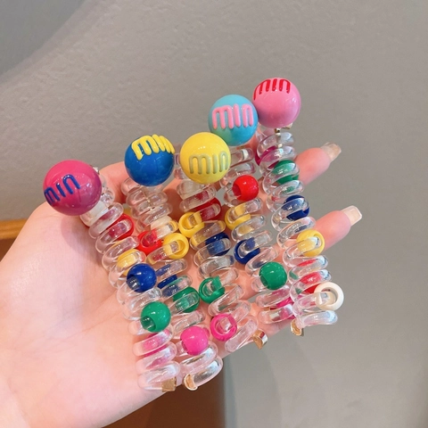 Gekleurde Spiraal Haarelastiekjes voor Kinderen Met Kraalkralen Decoratieve Telefoondraad Haarringen Plastic Hars Letterprint Elastische Paardenstaarthouders voor Meisjes