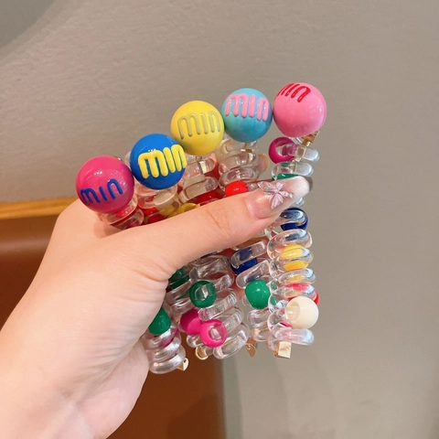 Gekleurde Spiraal Haarelastiekjes voor Kinderen Met Kraalkralen Decoratieve Telefoondraad Haarringen Plastic Hars Letterprint Elastische Paardenstaarthouders voor Meisjes