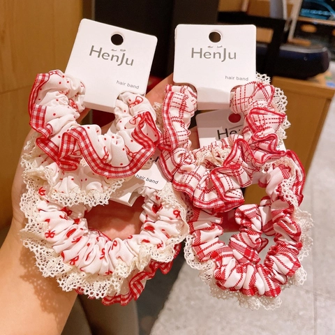 Zoete Rode Scrunchies Met Kant Voor Meisjes Kinderen Stippen Ruit Strik Patroon Stof Haarelastiekjes Mode Accessoires
