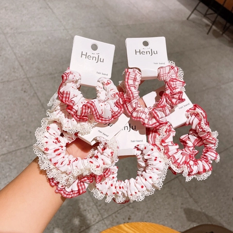 Zoete Rode Scrunchies Met Kant Voor Meisjes Kinderen Stippen Ruit Strik Patroon Stof Haarelastiekjes Mode Accessoires