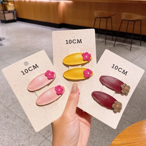 Handmade Kids PU Leather BB Hair Clips With Crochet Flower Cute Solid Color Bangs Side Clips For Girls Toddlers Accessories
