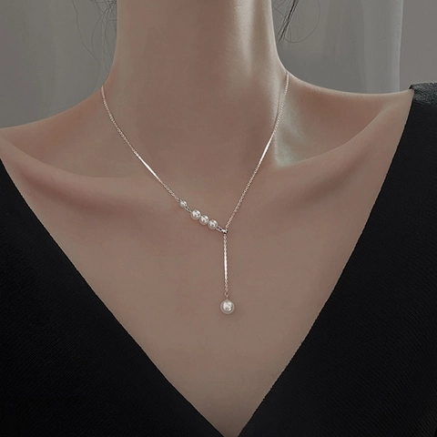 Collana Lariat in Rame Minimalista Francese Con Perla Artificiale Placcato Oro Argento Regolabile a Forma di Y per Donna