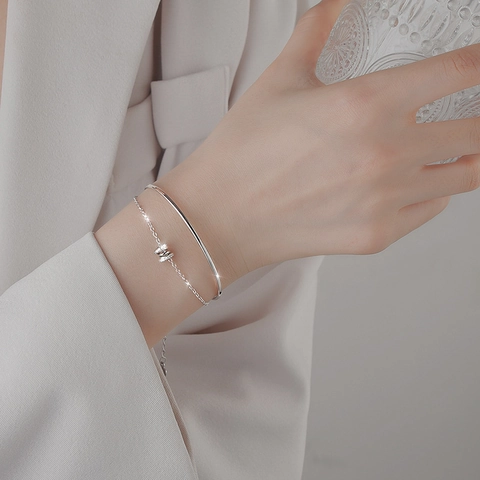 Minimalist Kupfer Doppellagig Armband Für Damen Versilbert Zylindrisch Strass Anhänger Herz Charme Armreif Schmuck