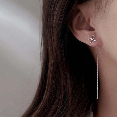 Elegante Schleifen Quasten Ohrfäden Für Damen Platinierte Kupfer Zirkonia Lange Hängende Ohrringe Schmuck