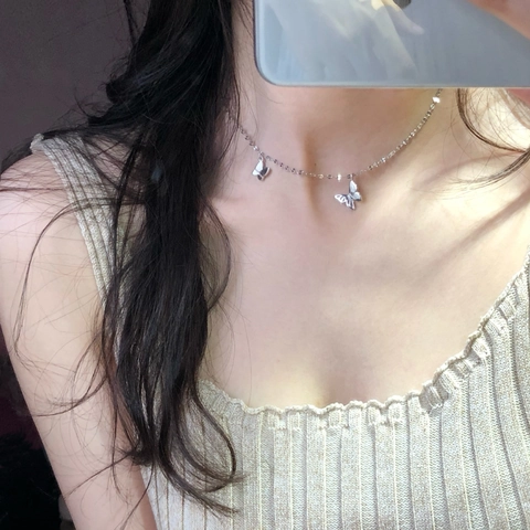 White Gold Plated Copper Pendant Necklace Double Butterfly Design Sequin Chain Sweet Cool Style Women Fashion Jewelry