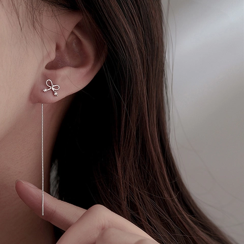 Elegante Schleifen Quasten Ohrfäden Für Damen Platinierte Kupfer Zirkonia Lange Hängende Ohrringe Schmuck