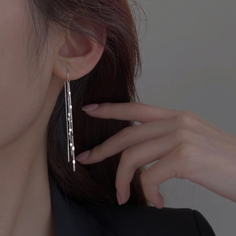 Minimalist Copper Silver Plated Sequin Tassel Threader Earrings For Women Elegant Long Chain Dangle Ear Line Fashion Jewelry