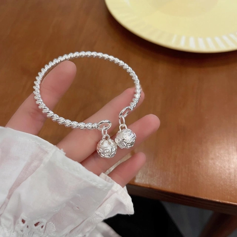 Retro Copper Silver Plated Twisted Rope Open Bracelet With Double Hollow Floral Bell Charms Ethnic Jewelry Gift For Women