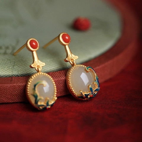 Boucles d'Oreilles Clous Fleur Style Chinois Vintage Cuivre Plaqué Or Jade d'Imitation Avec Tige Argent Sterling 925