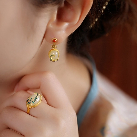 Boucles d'Oreilles Clous Fleur Style Chinois Vintage Cuivre Plaqué Or Jade d'Imitation Avec Tige Argent Sterling 925