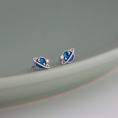 Blauwe Planeet Oorknopjes Met 925 Sterling Zilver Stift Koper Witgoud Verguld Emaille Maan Ster Zirkonia Vrouwen Sieraden