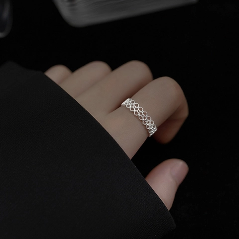 925 Sterling Silver Ring Hollow Lace Heart Design Adjustable Open Finger Jewelry For Women Elegant Retro Style