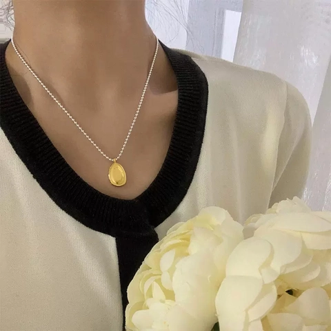 Minimalistische 925 Sterling Silber Anhänger Halskette Für Damen Vintage Lava Oval Vergoldet Silber Zweifarbig Kugelkette