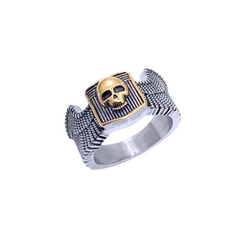 Vintage Punk Skull Ring Stainless Steel Two Tone Gothic Wing Engraved Band Ring For Men Biker Rock Hip Hop Jewelry