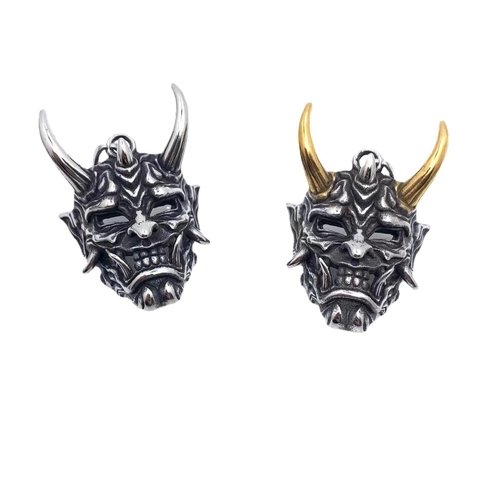 Vintage Stainless Steel Hannya Mask Pendant Necklace Men Retro Punk Gold Silver Toned Gothic Ghost Mask Sweater Chain Jewelry Gift