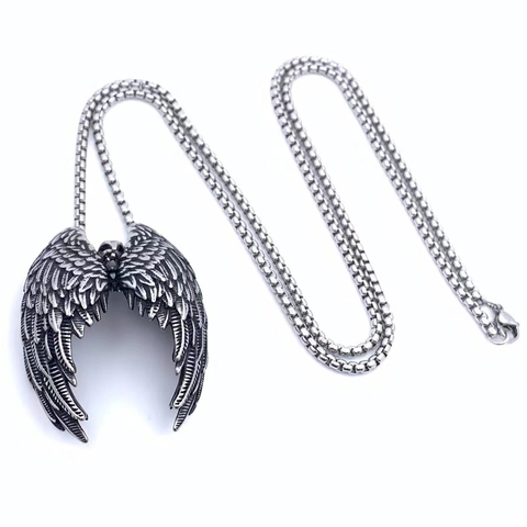 Vintage Gothic Angel Wings Pendant Necklace Stainless Steel Antique Silver Engraved Feather Jewelry For Men Women Daily Decor