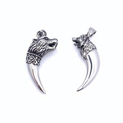 Collier Pendentif Dent de Loup en Acier Inoxydable Vintage Homme Hip Hop Punk Tête de Loup Bijoux Finition Argent Antique