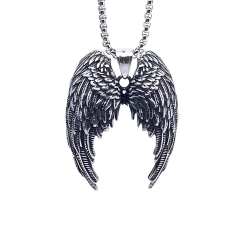 Vintage Gothic Angel Wings Pendant Necklace Stainless Steel Antique Silver Engraved Feather Jewelry For Men Women Daily Decor