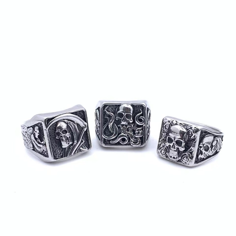 Gothic Punk Skull Rings For Men Stainless Steel Vintage Grim Reaper Octopus Rose Skull Signet Ring Antique Silver Jewelry