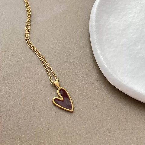 Collana con Pendente a Cuore Minimalista in Argento Sterling 925 Smalto Rosso Vino Catena da Clavicola Placcata Oro Donna