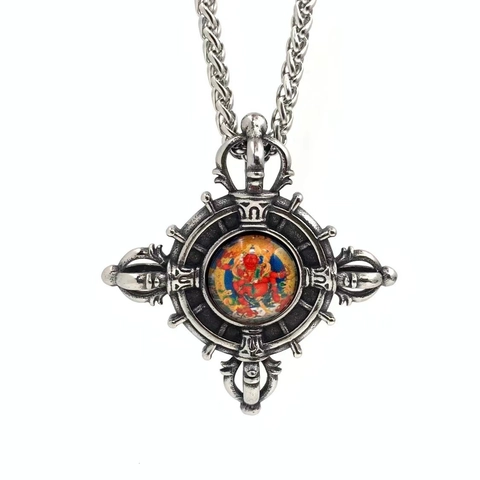 Retro Stainless Steel Vajra God Of Wealth Pendant Ethnic Style Religious Men Necklace Antique Silver Fashion Jewelry Gift