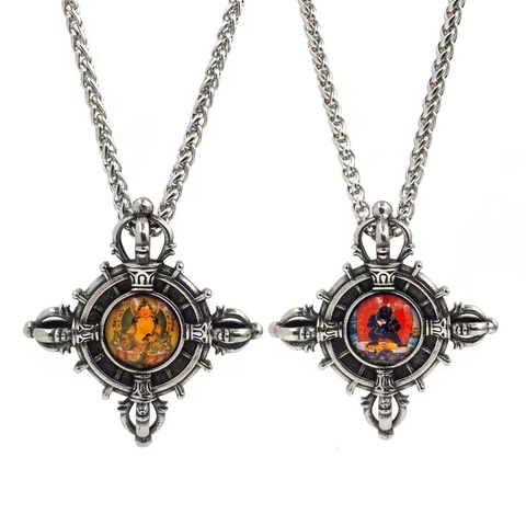 Retro Stainless Steel Vajra God Of Wealth Pendant Ethnic Style Religious Men Necklace Antique Silver Fashion Jewelry Gift
