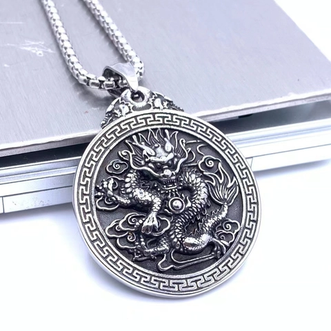 Vintage Titanstahl Chinesischer Drache Anhänger Halskette Für Herren Hip Hop Medaillon Runde Relief Münze Schmuck Ethnische Pulloverkette