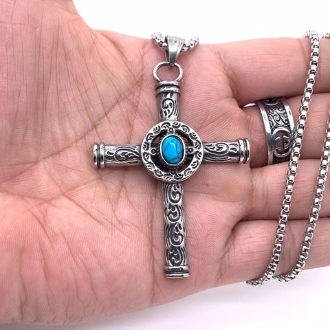 Collier Pendentif Croix en Acier Inoxydable Vintage Avec Turquoise Artificielle Bijoux Punk Hip Hop Argent Rétro pour Unisexe