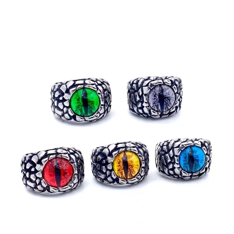 Vintage Punk Stainless Steel Ring For Men Dragon Scale Texture Evil Eye Tiger Eye Stone Turquoise Gothic Jewelry Finger Ring