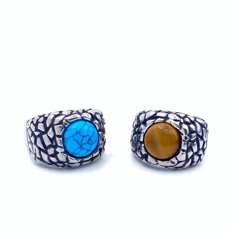 Vintage Punk Stainless Steel Ring For Men Dragon Scale Texture Evil Eye Tiger Eye Stone Turquoise Gothic Jewelry Finger Ring