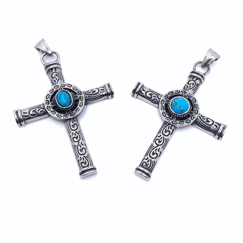 Collier Pendentif Croix en Acier Inoxydable Vintage Avec Turquoise Artificielle Bijoux Punk Hip Hop Argent Rétro pour Unisexe