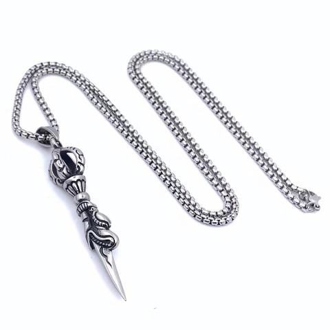 Retro Dragon Head Vajra Pestle Pendant Necklace Titanium Steel Men Gothic Hip Hop Punk Stainless Steel Phurba Jewelry Accessory