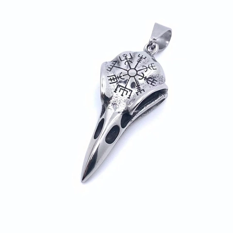 Collier Pendentif Crâne de Corbeau Viking en Acier Inoxydable Boussole Vegvisir Bijoux Gothique Punk Rétro Argent