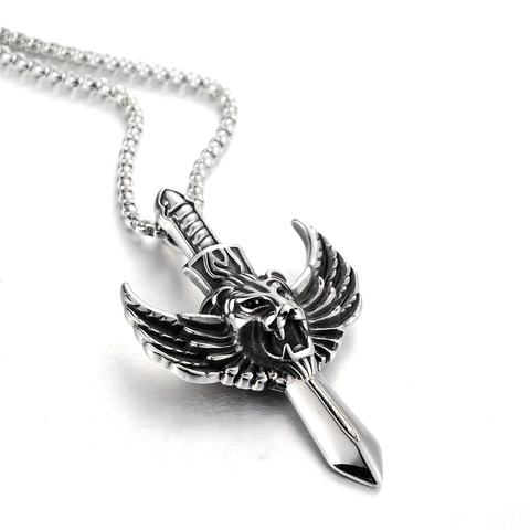 Gotisch Punk Leeuwenkop Zwaard Hanger Ketting Vintage Roestvrij Staal Vleugel Charm Voor Heren Rock Biker Sieraden