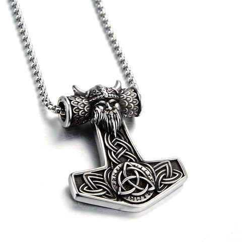 Vintage Wikinger Hammer Anhänger Halskette Edelstahl Mjölnir Keltischer Knoten Runen Kriegerkopf Für Herren Schmuck