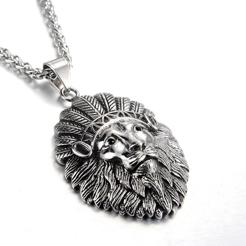 Vintage Roestvrij Staal Leeuwenkop Hanger Ketting Indiase Veren Kroon Punk Etnische Tribale Sieraden Unisex Cadeau