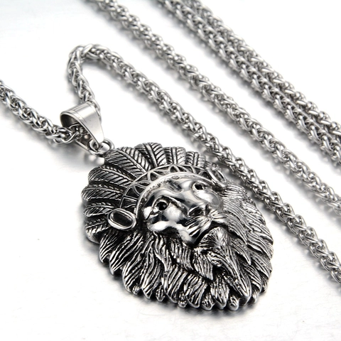 Vintage Roestvrij Staal Leeuwenkop Hanger Ketting Indiase Veren Kroon Punk Etnische Tribale Sieraden Unisex Cadeau