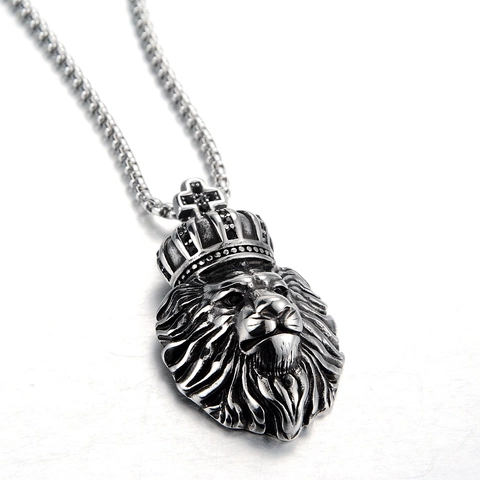 Collana con Pendente a Testa di Leone Vintage in Acciaio Inossidabile Corona Croce Strass Hip Hop Argento Antico Gioielli Uomo
